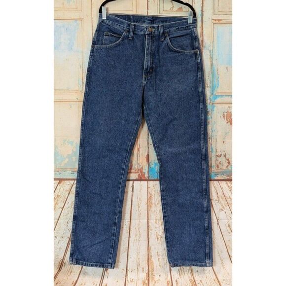 Wrangler Mens 33x32 Blue Denim Jeans Solid Pure Cotton Pockets Tapered Mid Rise - Picture 1 of 7